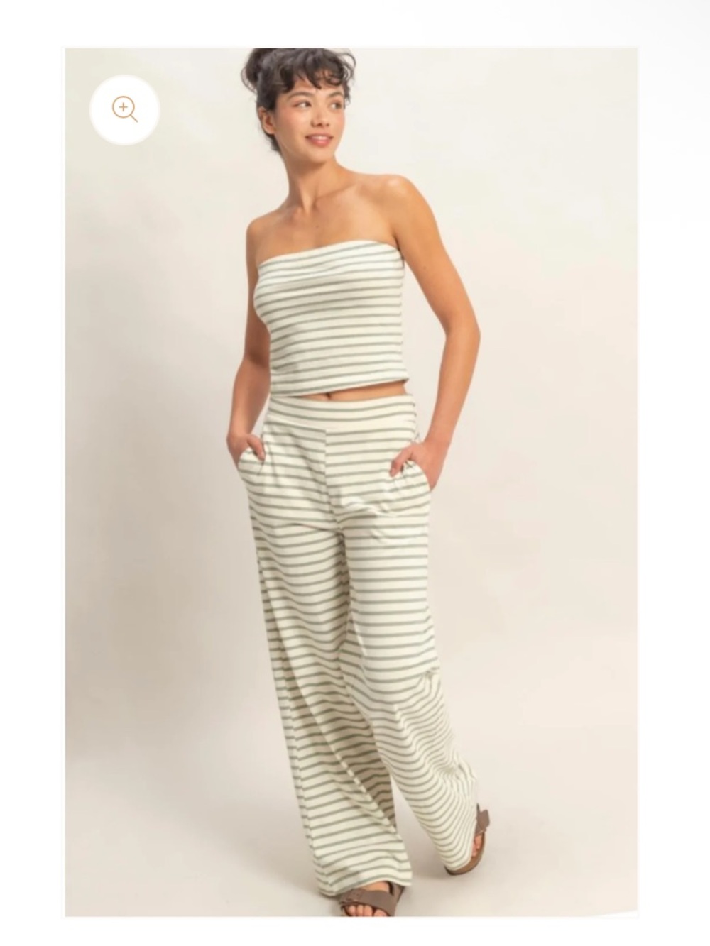 Cream & Sage Striped Tube Top and Pants Set